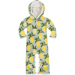 MilkBarn Lemon 3 6 Mos Organic Cotton‎ Longall Outfit Hooded Blue Green Jumpsuit